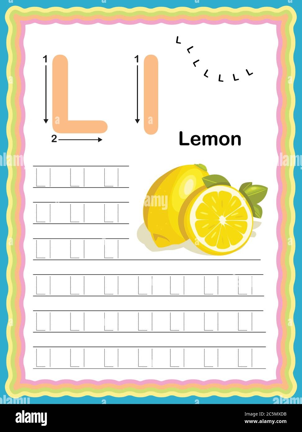 Preschool Colorful Letter L Uppercase And Lowercase Tracing Alphabets Start With Vegetables And Fruits Daily Writing Practice Worksheet Printable A4 Stock Vector Image Art Alamy