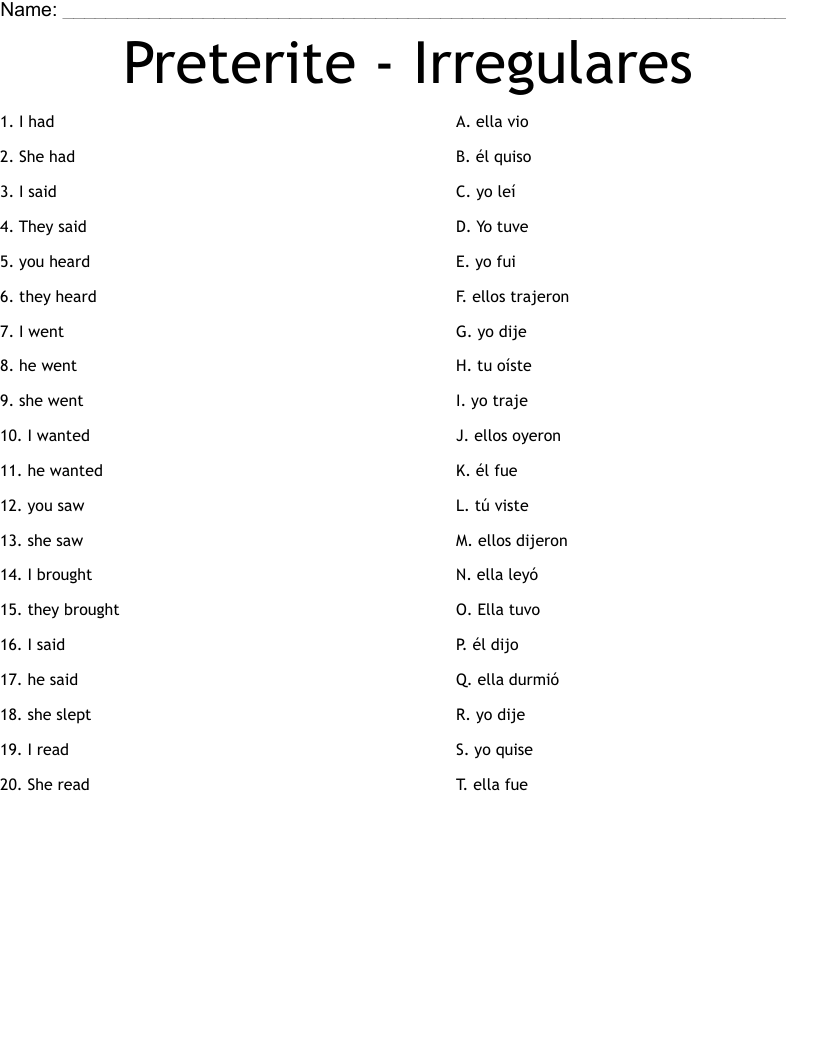 Preterite Irregulares Worksheet WordMint Irregular Preterite Verbs Worksheet Worksheets Library