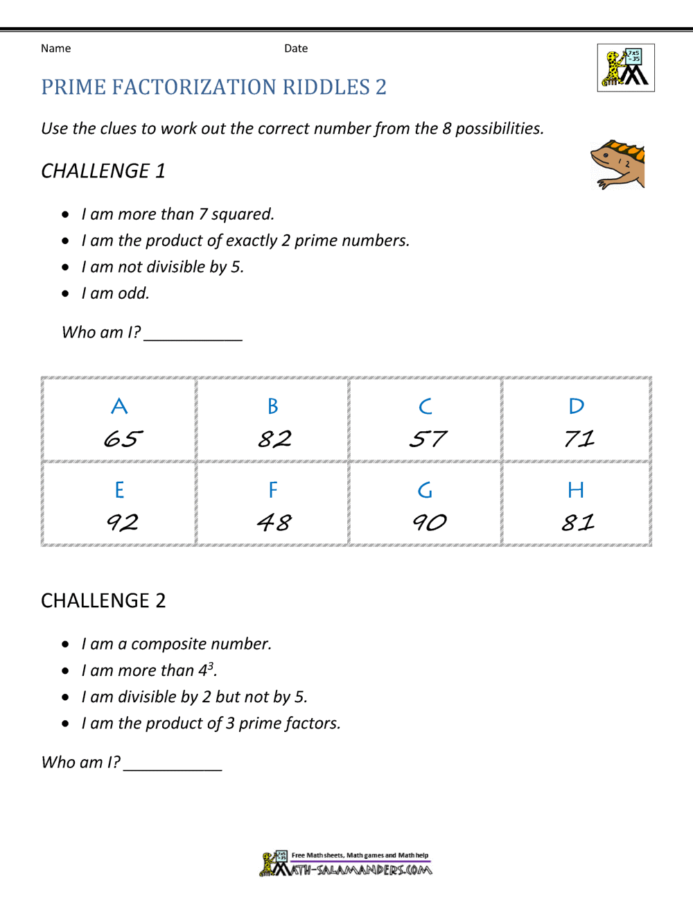 Prime Factorization Worksheet Page