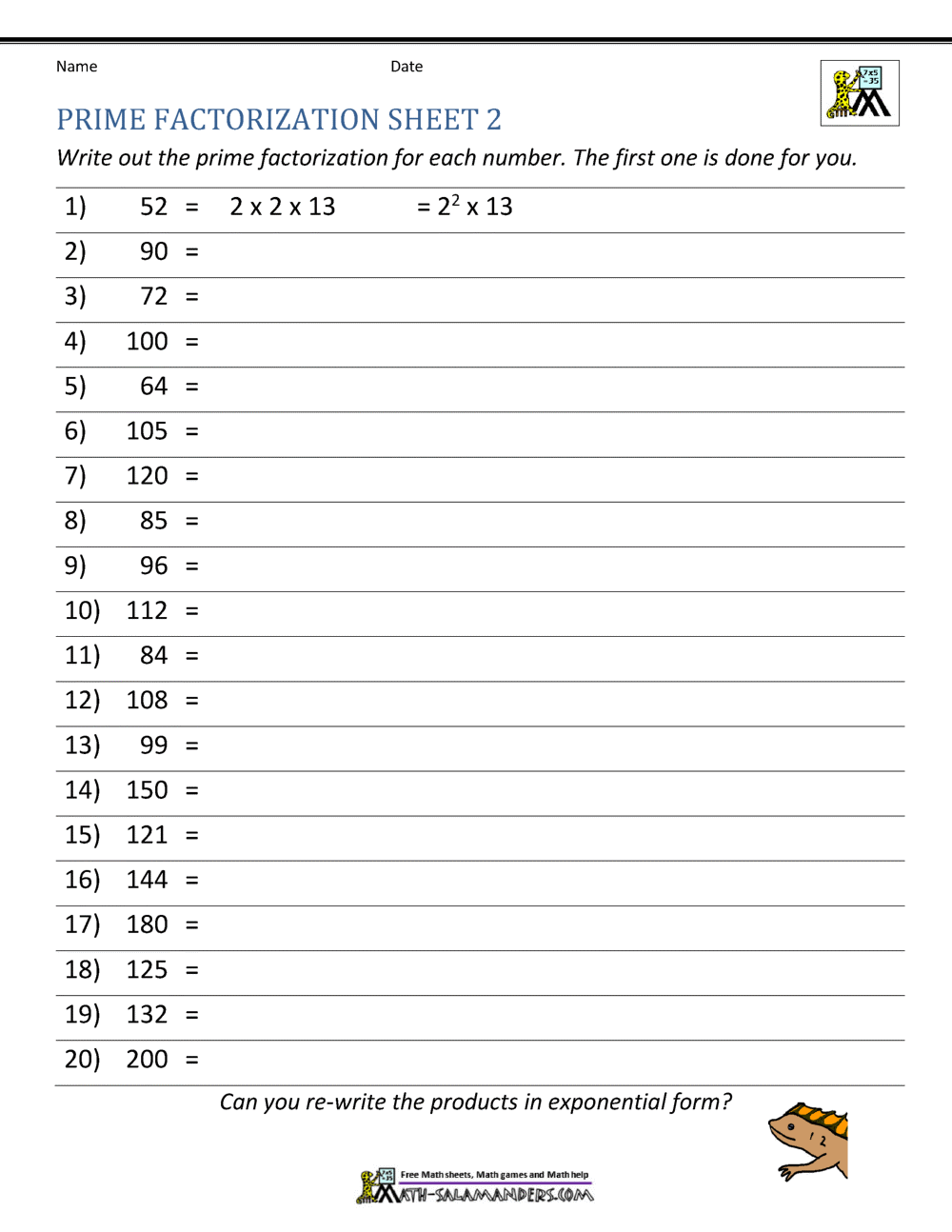 Prime Factorization Worksheet Page