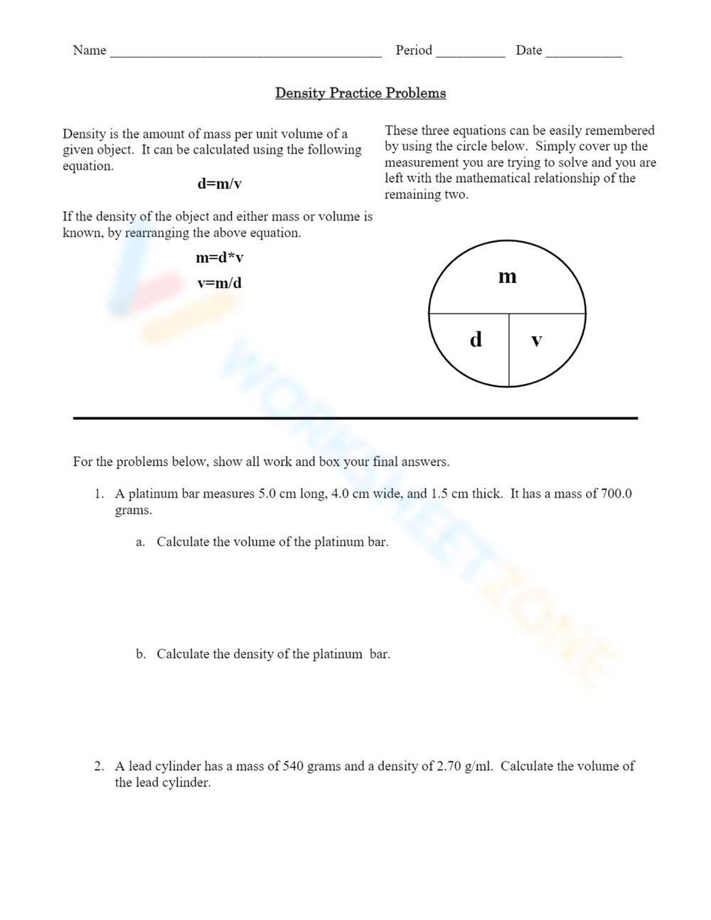 Printable 9th Grade Density Worksheets