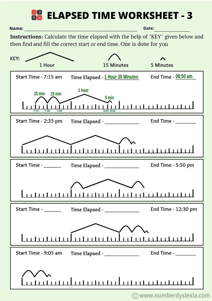 Printable Elapsed Time On A Number Line Worksheets PDF Included Number Dyslexia Calculate Elapsed Time 5 Worksheets 15 30 45 60 Minutes Quarter Hours FREE Printable Worksheets Worksheetfun