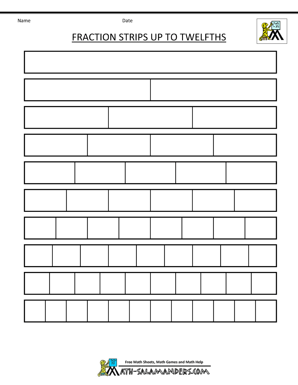 Printable Fraction Strips Printable Fraction Strips