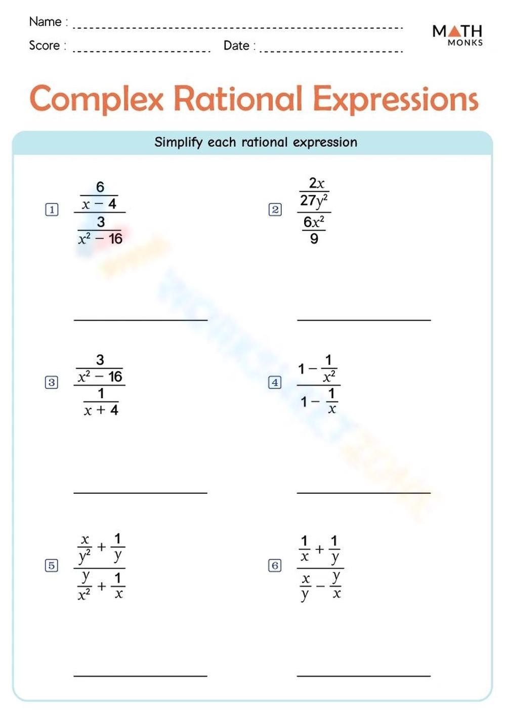 Printable Simplifying Rational Expressions Worksheets Simplifying Rational Expressions A Worksheet Algebra II PDF Worksheets Library