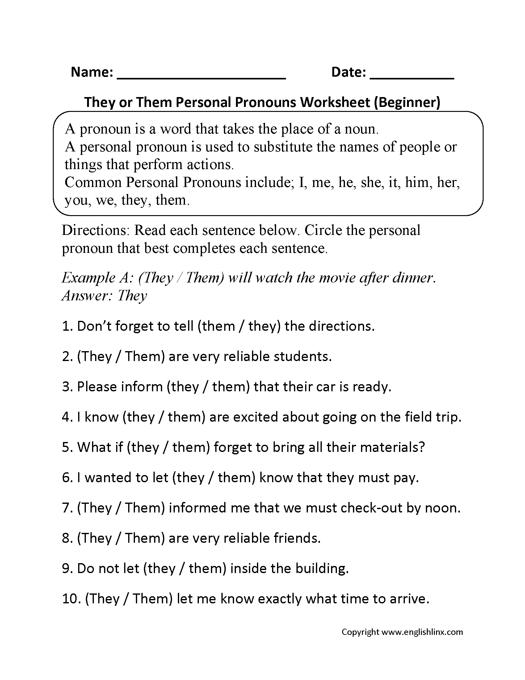 Pronouns Worksheets Personal Pronouns Worksheets