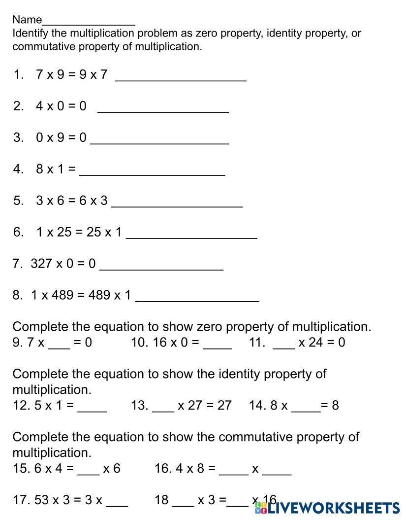 Properties Of Multiplication Zero Identity Commutative Live Worksheets Library Properties Of Multiplication Zero Identity Commutative Live Worksheets Library