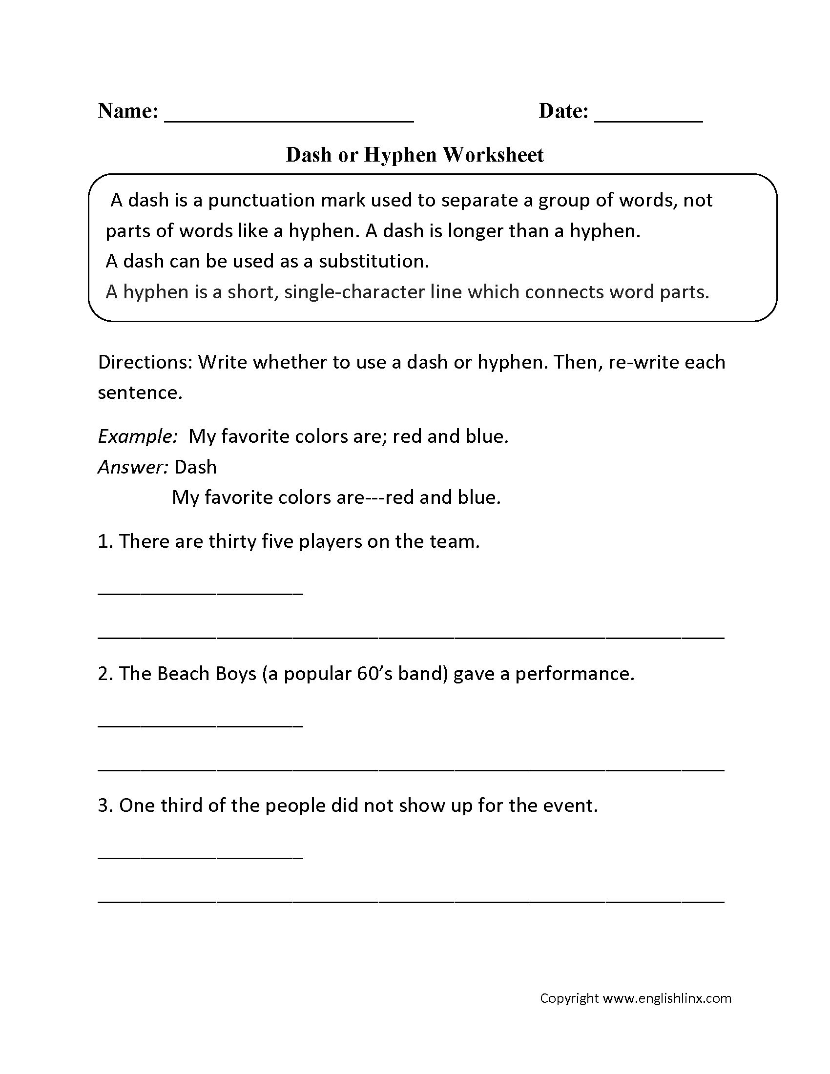Punctuation Worksheets Dash Worksheets
