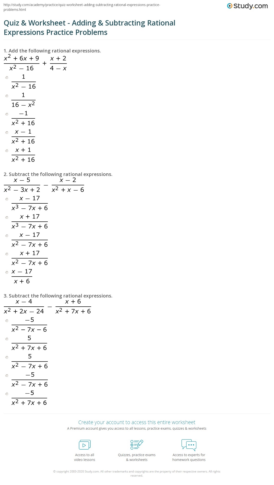 Quiz Worksheet Adding Subtracting Rational Expressions Worksheets Library