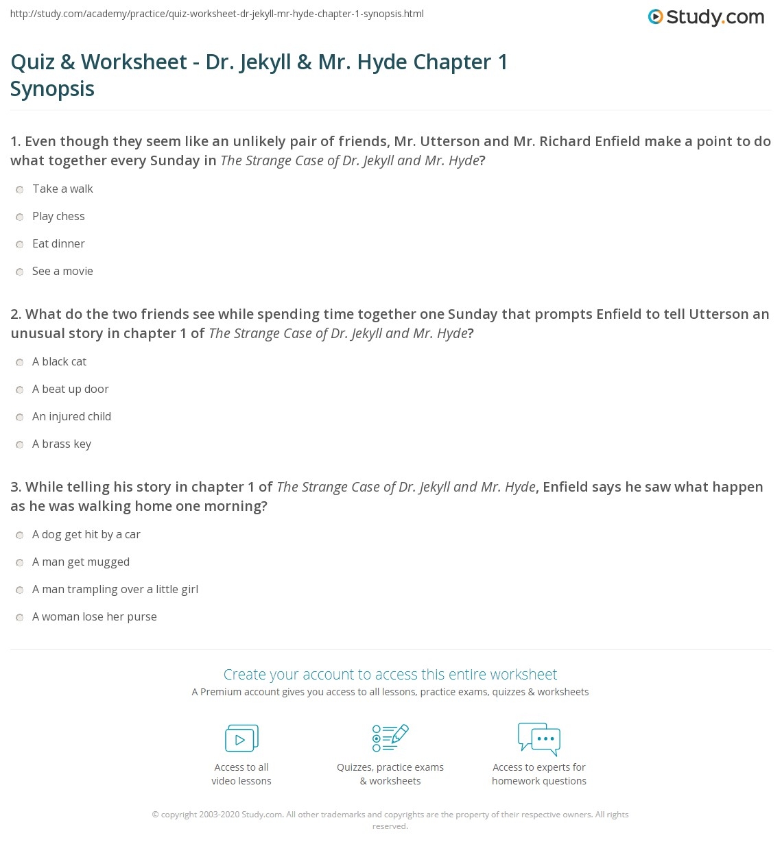 Quiz Worksheet Dr Jekyll Mr Hyde Chapter 1 Synopsis Study