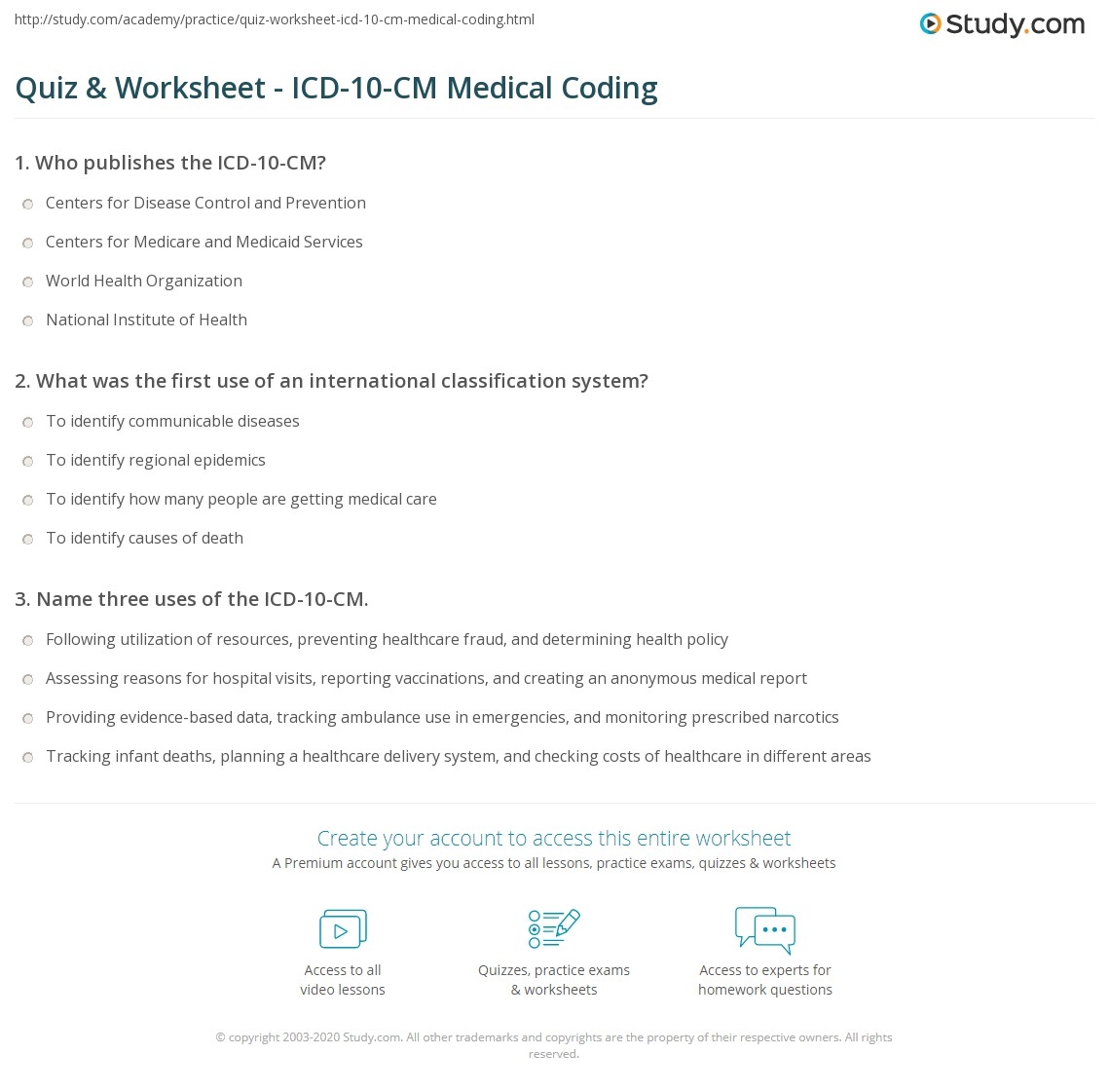 Quiz Worksheet ICD 10 CM Medical Coding Study Quiz Worksheet ICD 10 CM Medical Coding Study
