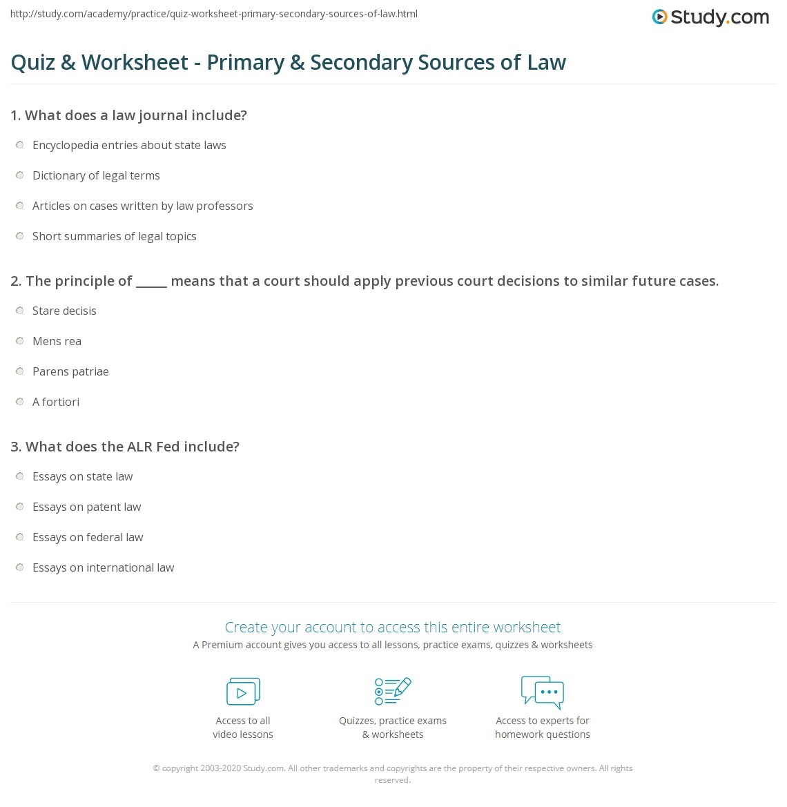 Quiz Worksheet Primary Secondary Sources Of Law Study Quiz Worksheet Primary Secondary Sources Of Law Study