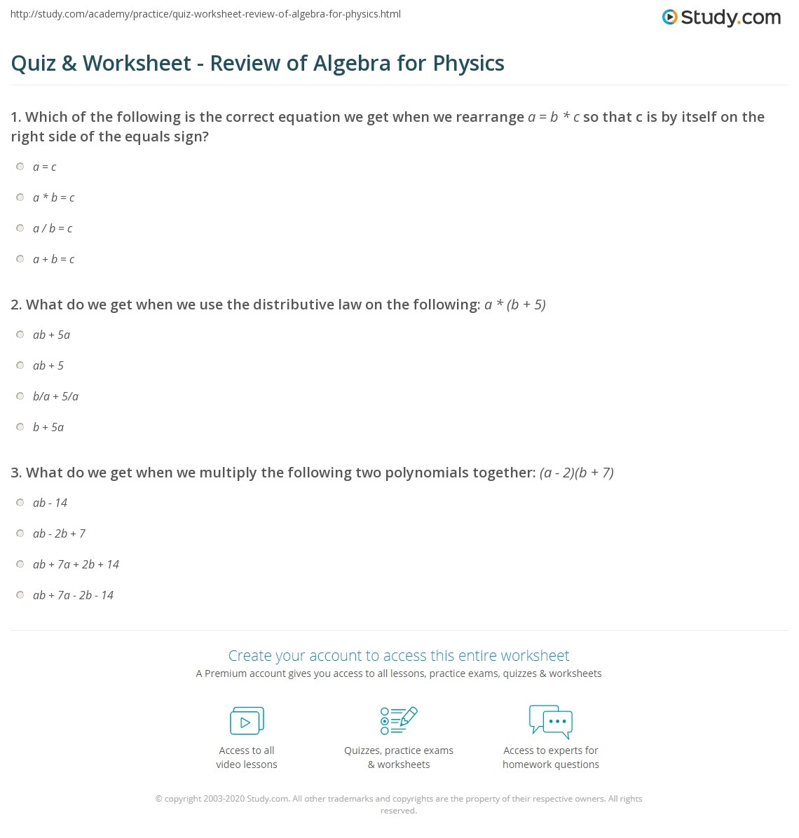 Quiz Worksheet Review Of Algebra For Physics Study