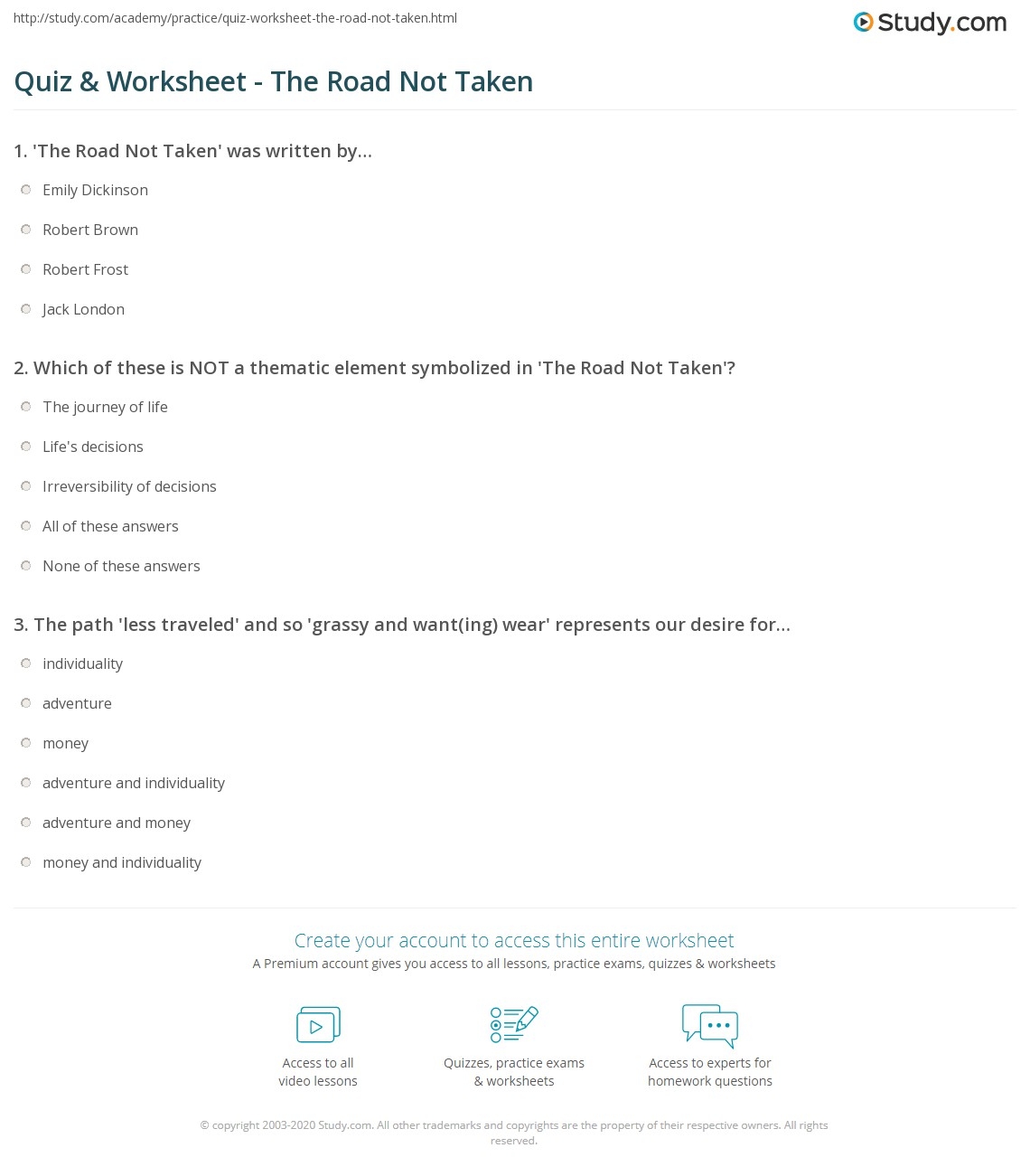 Quiz Worksheet The Road Not Taken Study Quiz Worksheet The Road Not Taken Study