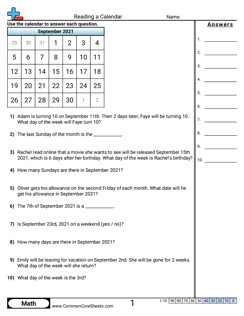Reading A Calendar Worksheet Download