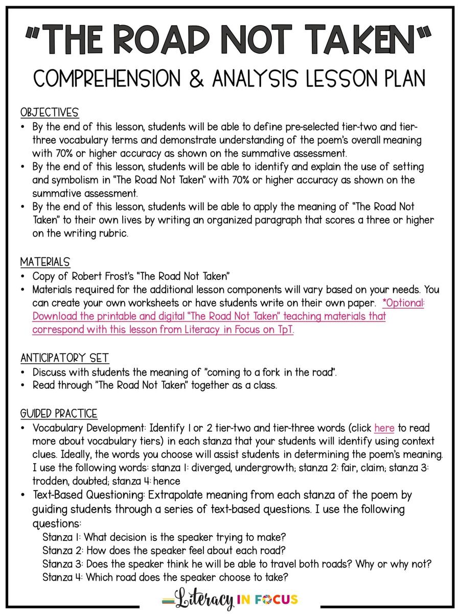 Robert Frost S The Road Not Taken Lesson Plan PDF Literacy In Focus Robert Frost S The Road Not Taken Lesson Plan PDF Literacy In Focus
