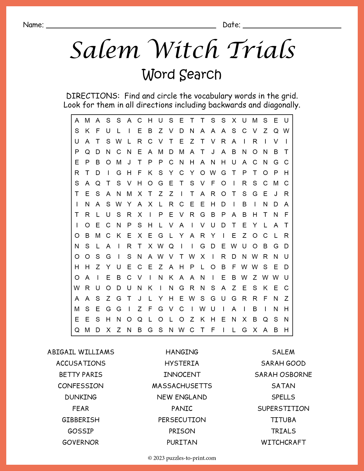 Salem Witch Trials Word Search Salem Witch Trials Word Search