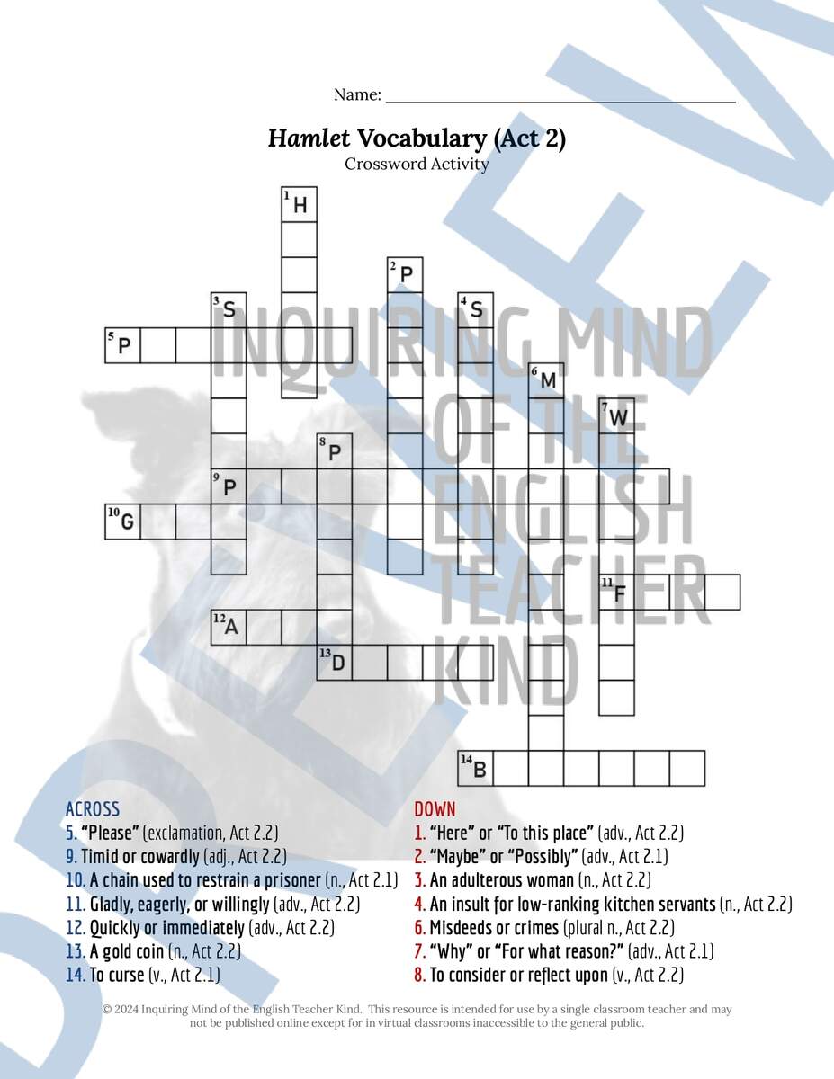 Shakespeare S Hamlet Act 2 Vocabulary Games For High School Classful