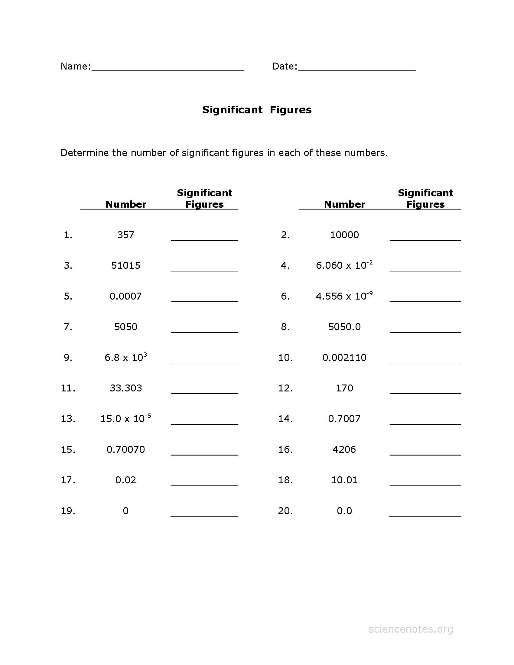Significant Figures Worksheet Rounding Significant Figures