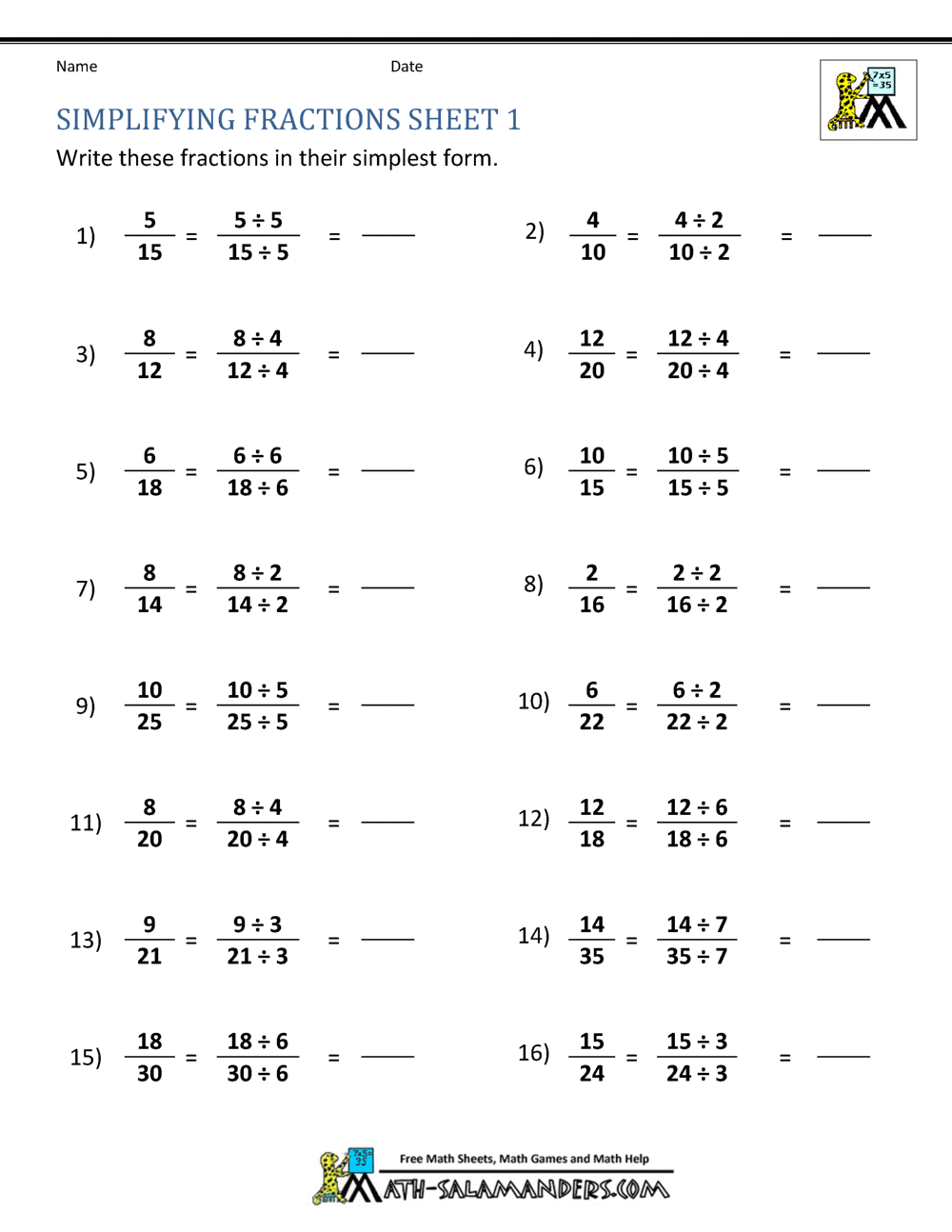 Simplifying Fractions A Worksheet Printable Maths Worksheets