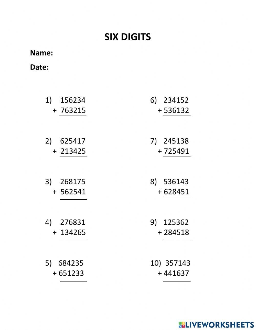 Adding 5 And 6 Digit Numbers In Columns Worksheets Math Worksheets Library