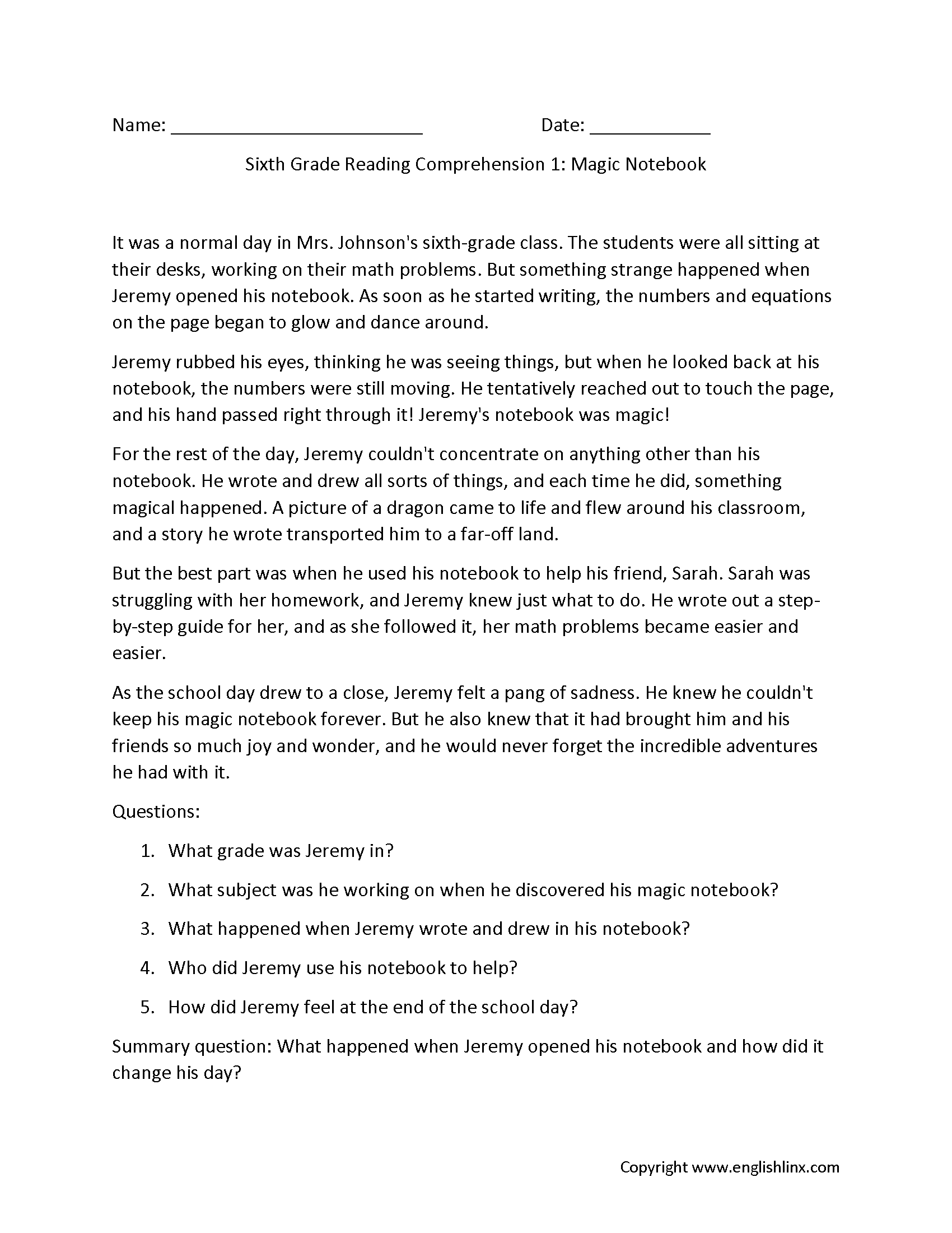 Sixth Grade Reading Comprehension Worksheets Free Printable 6th Grade Reading Passages Grade 6 Reading Comprehension Grade1to6