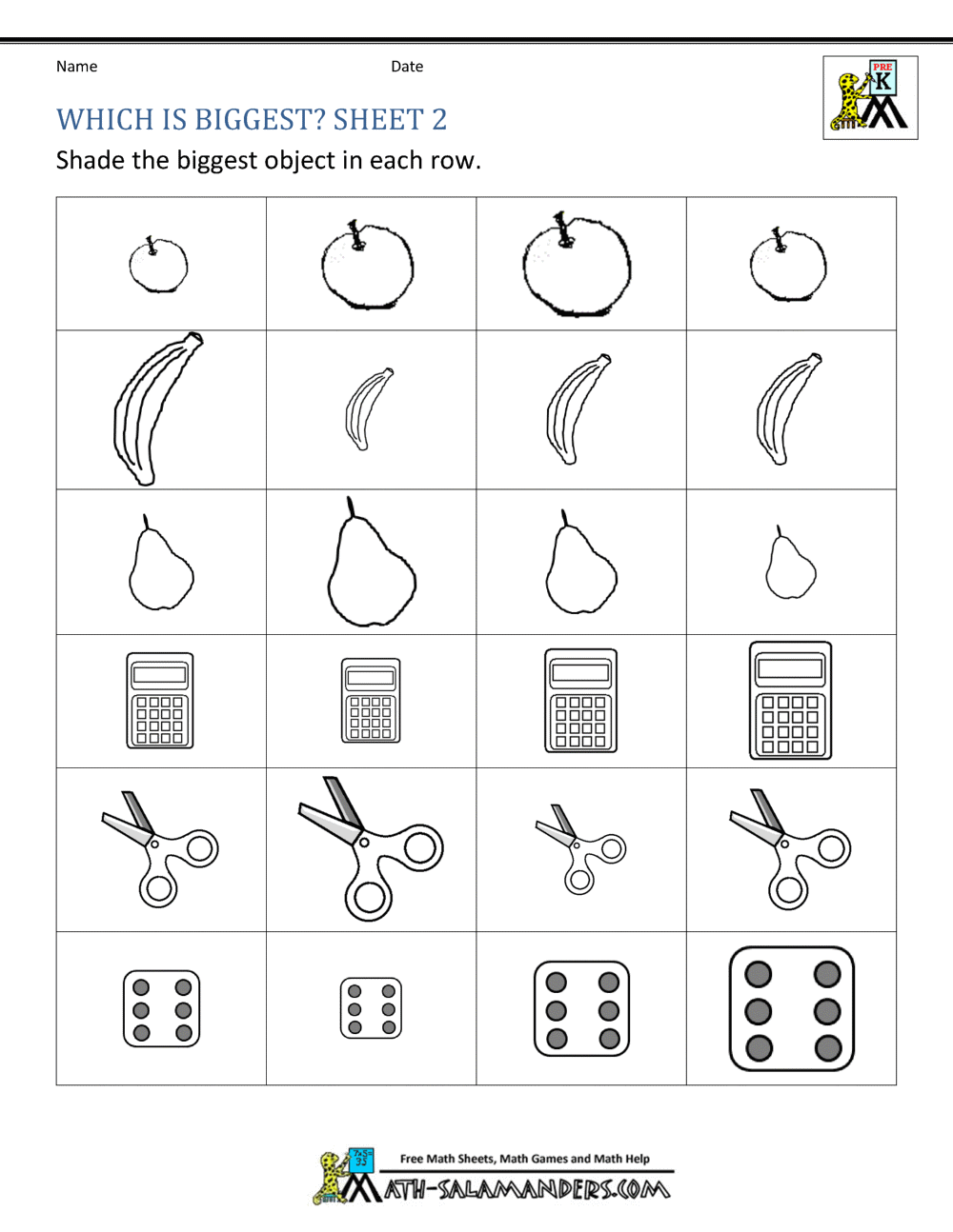 Size Worksheets Bigger Smaller Or The Same Size