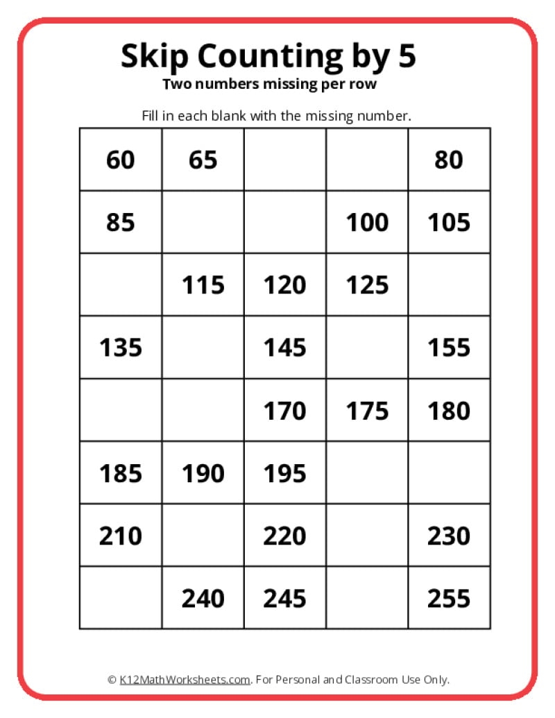 Skip Counting By 5 Worksheets Skip Counting 5 Worksheet Fill In The Missing Numbers