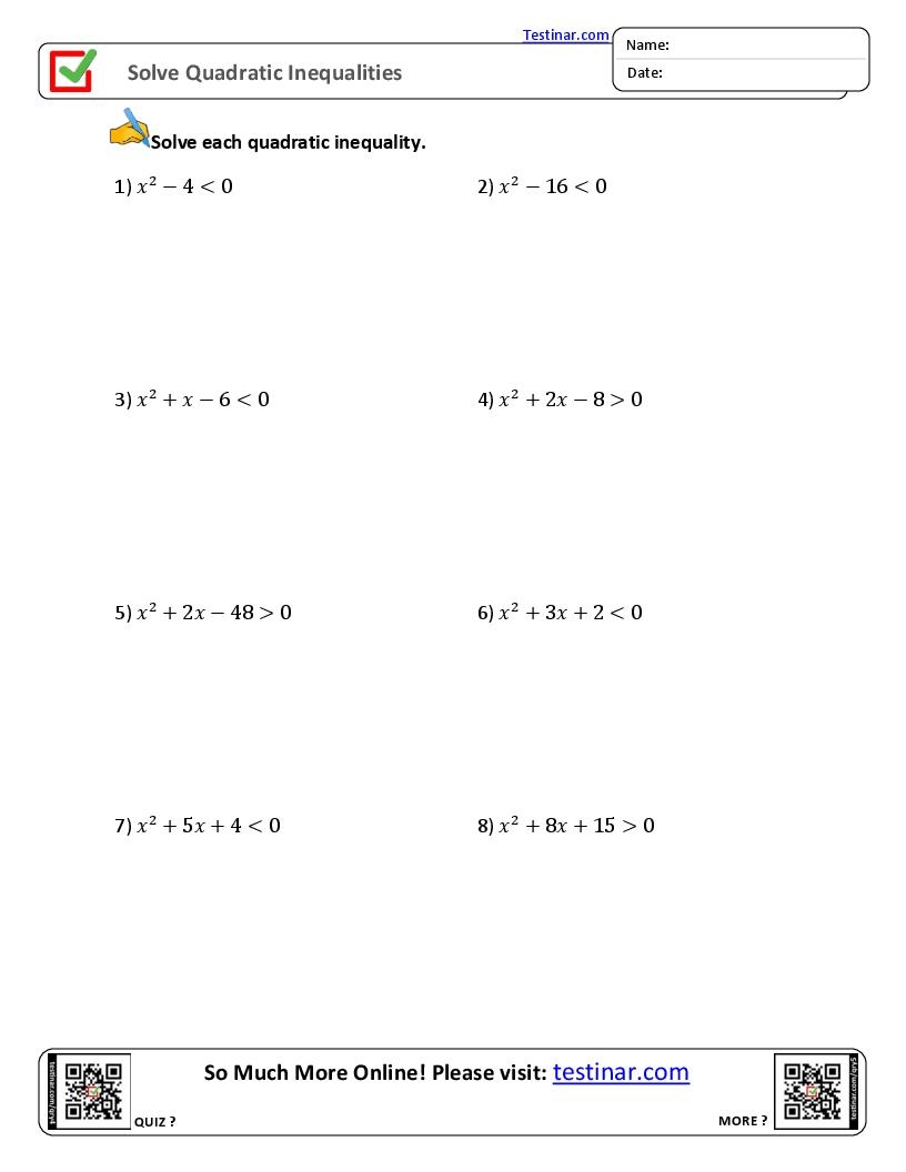 Solve Quadratic Inequalities Worksheets Solve Quadratic Inequalities Worksheets