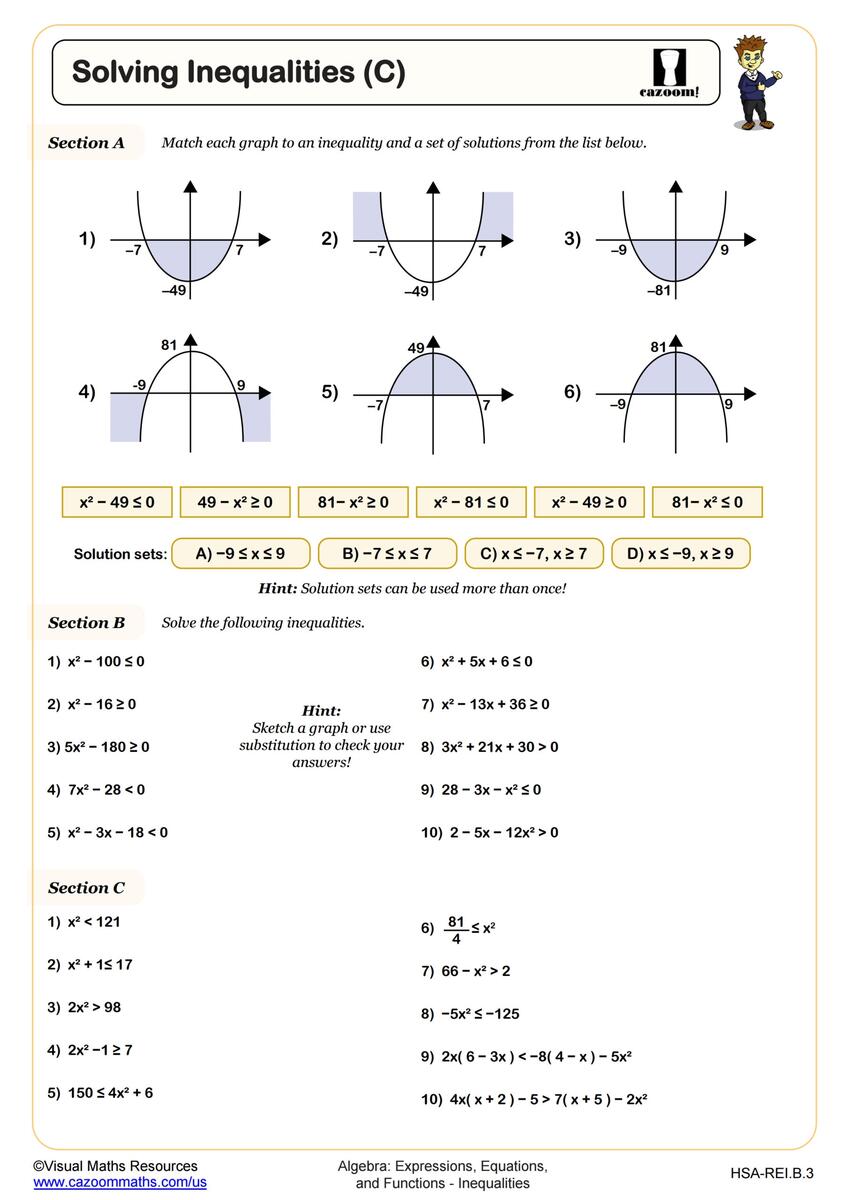 Solving Inequalities C Worksheet PDF Printable Algebra Worksheet Cazoom Math Graphing Quadratic Inequalities Color By Number Worksheets Library