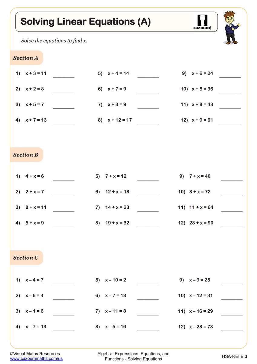 Solving Linear Equations D Worksheet PDF Printable Algebra Worksheet Cazoom Math Basic Algebra Worksheets