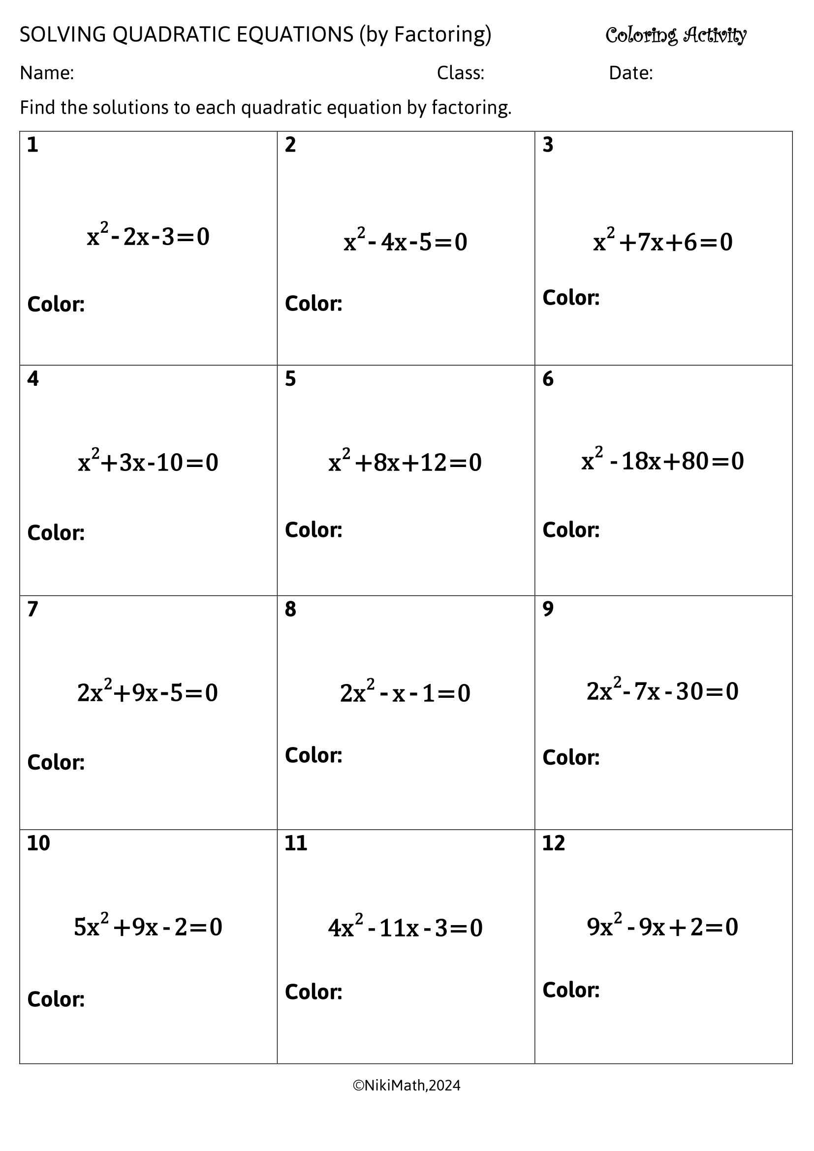 Solving Quadratic Equations By Factoring Color By Code Teacher Professional Development