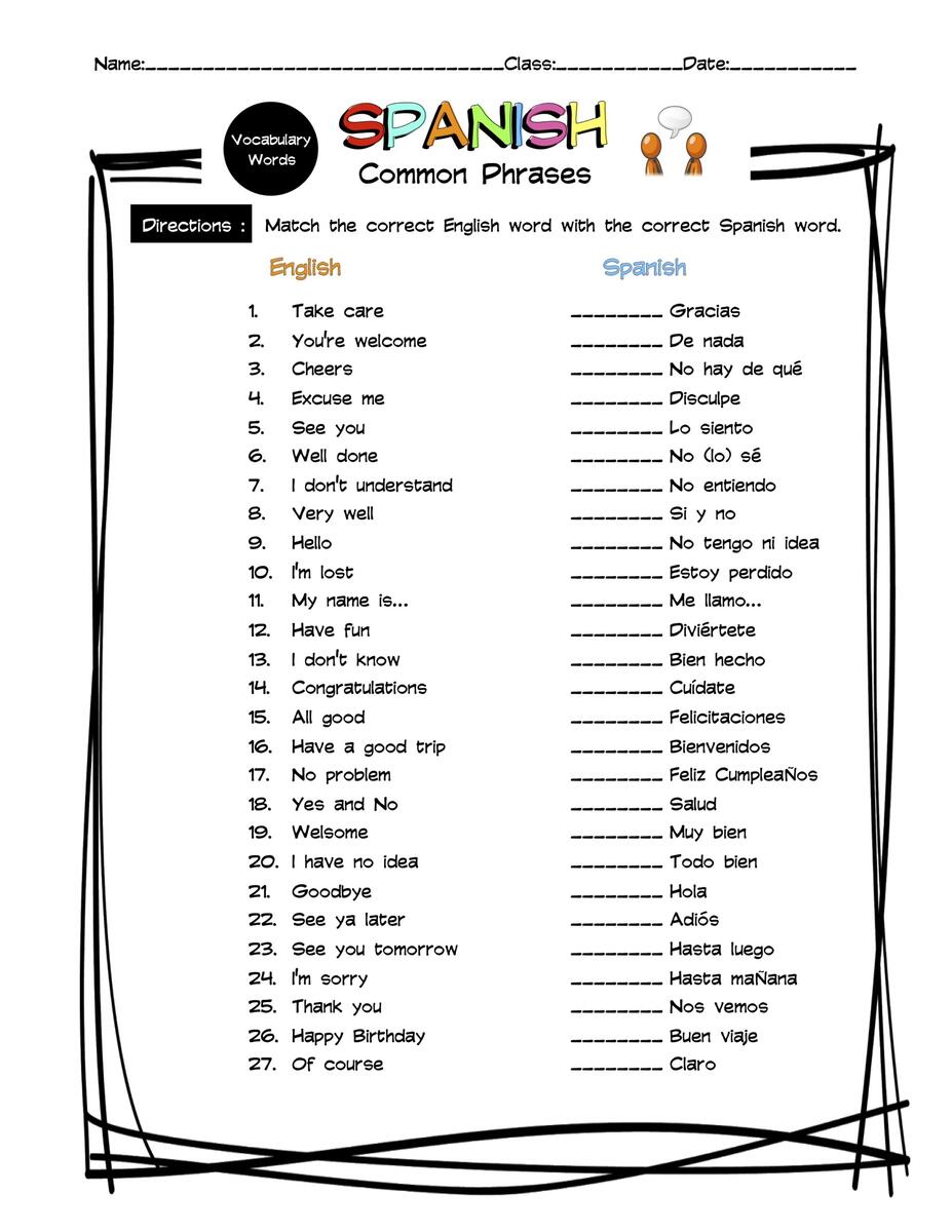 Spanish Common Phrases Vocabulary Matching Worksheet Answer Key Made By Teachers