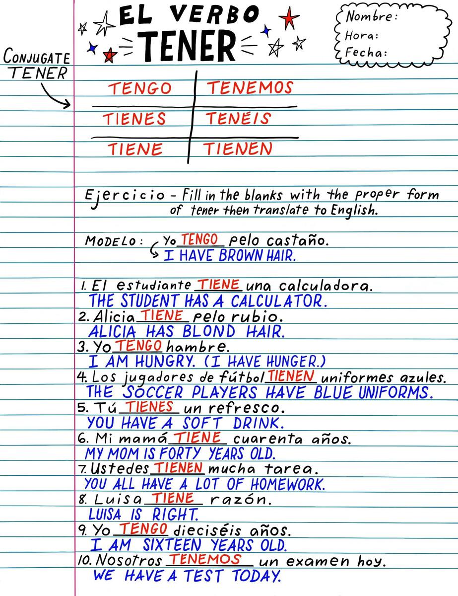 Spanish Tener Conjugation Translation Worksheet By Darin Carlisle