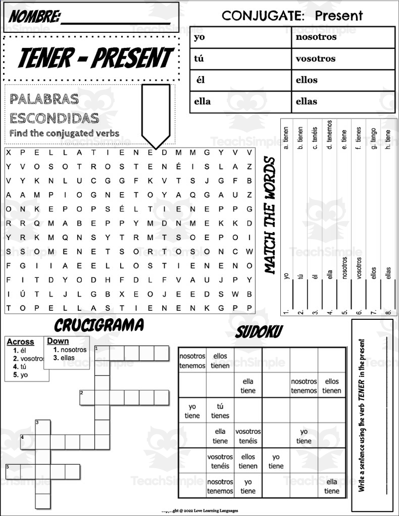 Spanish TENER Verb Conjugation Worksheet By Teach Simple
