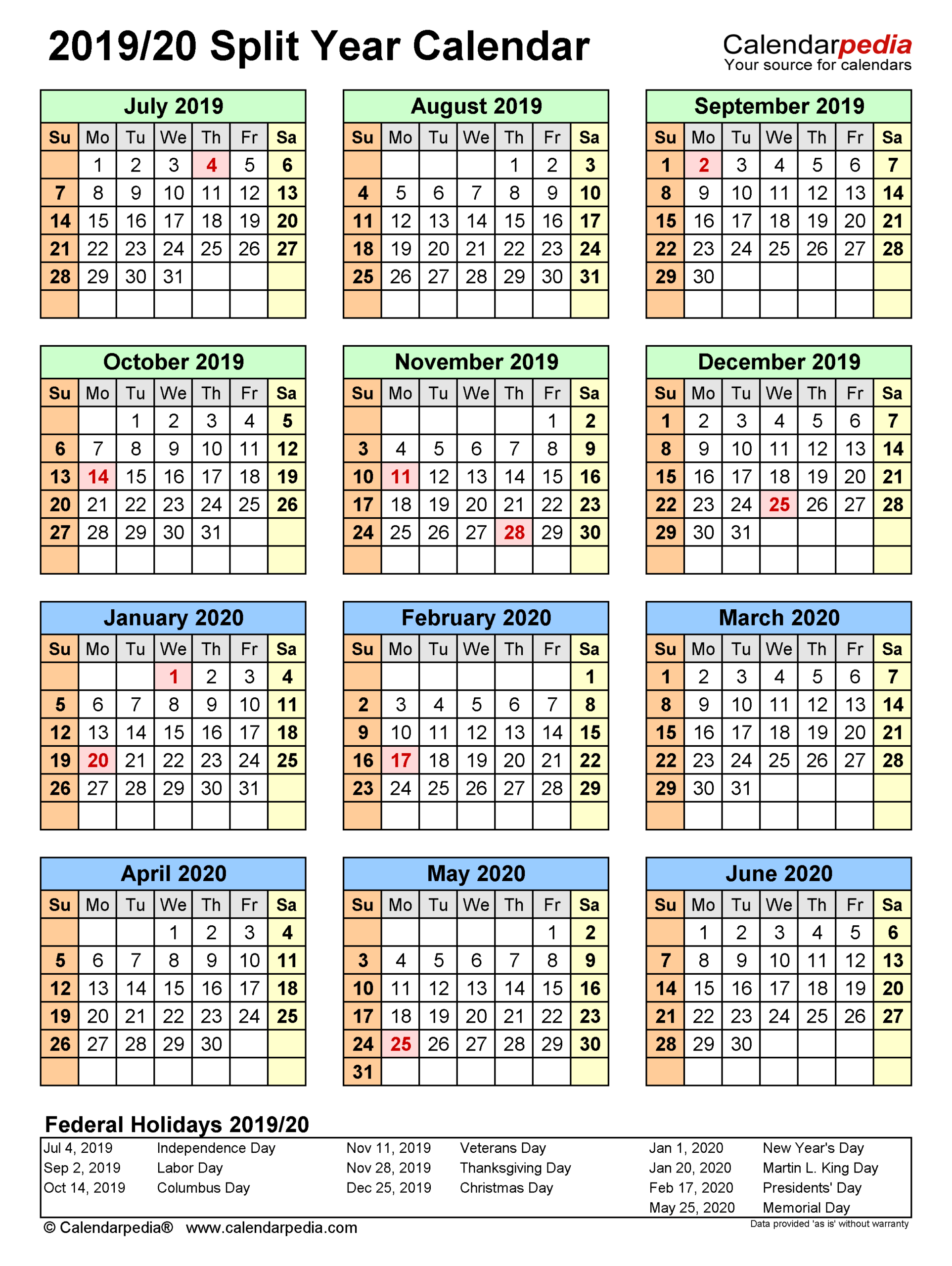 Split Year Calendars 2019 2020 July To June PDF Templates Split Year Calendars 2019 2020 July To June PDF Templates
