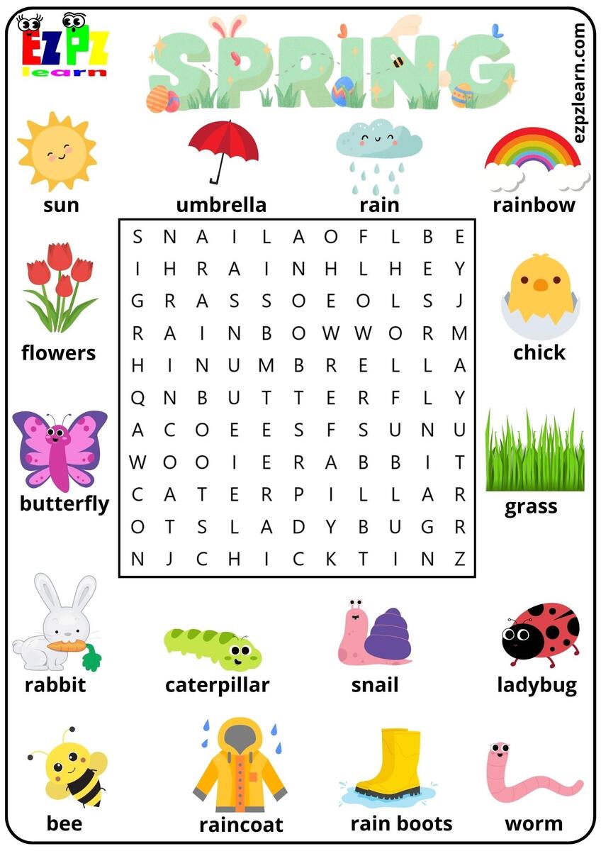 Spring Season Vocabulary Word Search Activity For Kids And English Language Learners Ezpzlearn Spring Word Scrambles For Kids With Pictures Tree Valley Academy