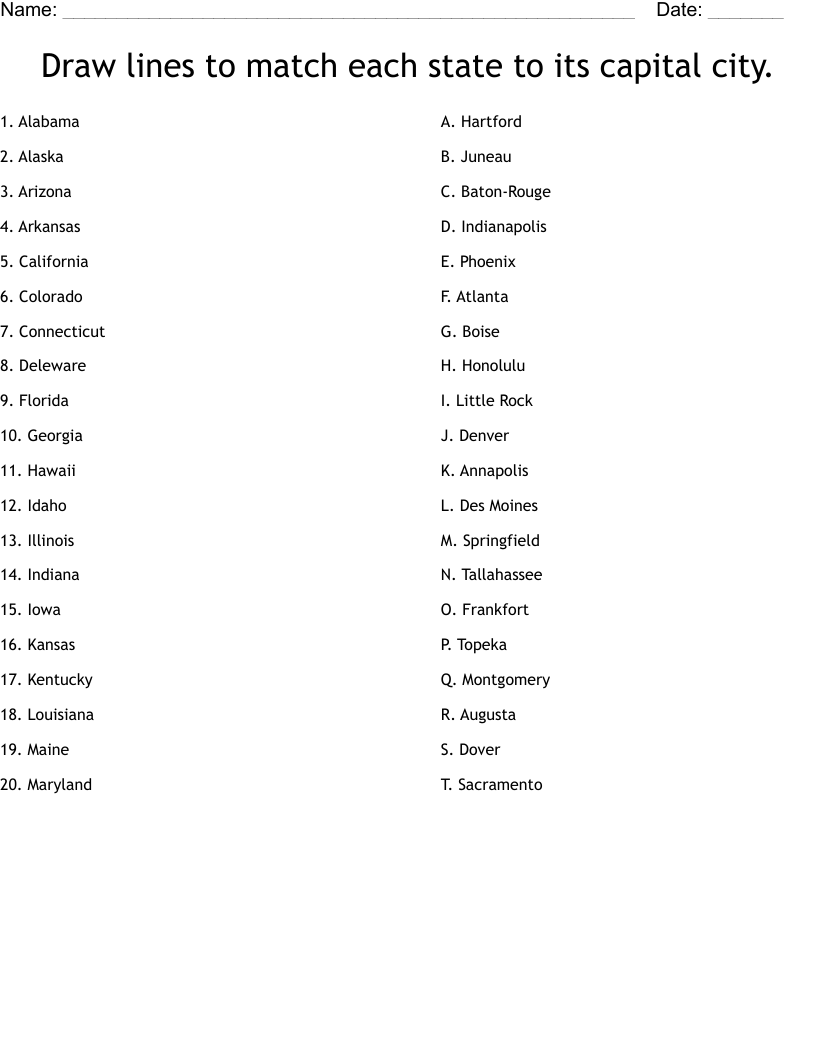 States And Capitals 25 Worksheet WordMint