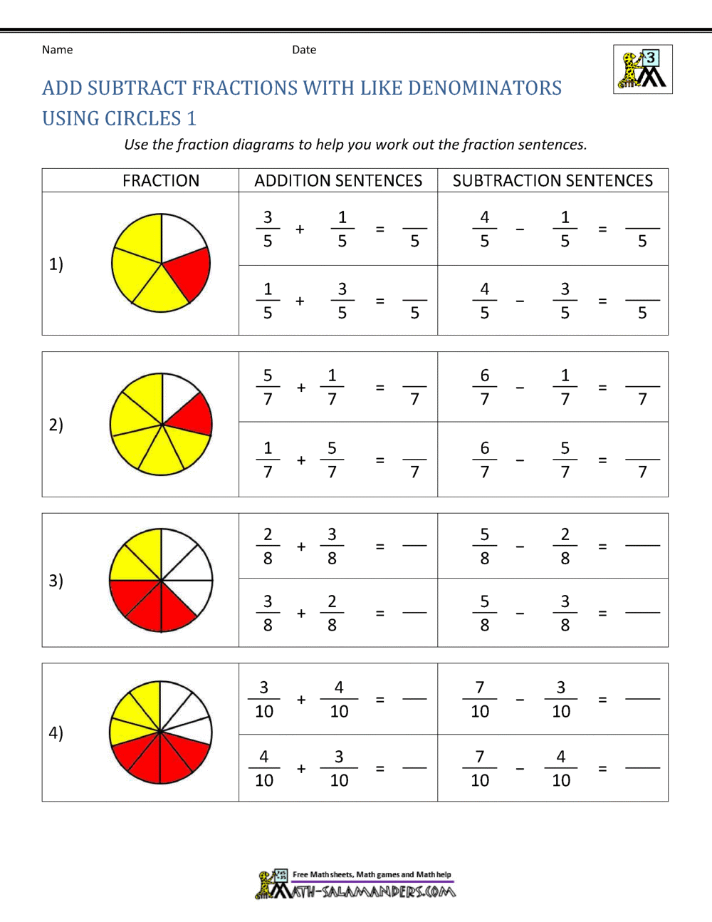 Subtracting Fractions With Like Denominators Worksheets Subtracting Fractions With Like Denominators Worksheets
