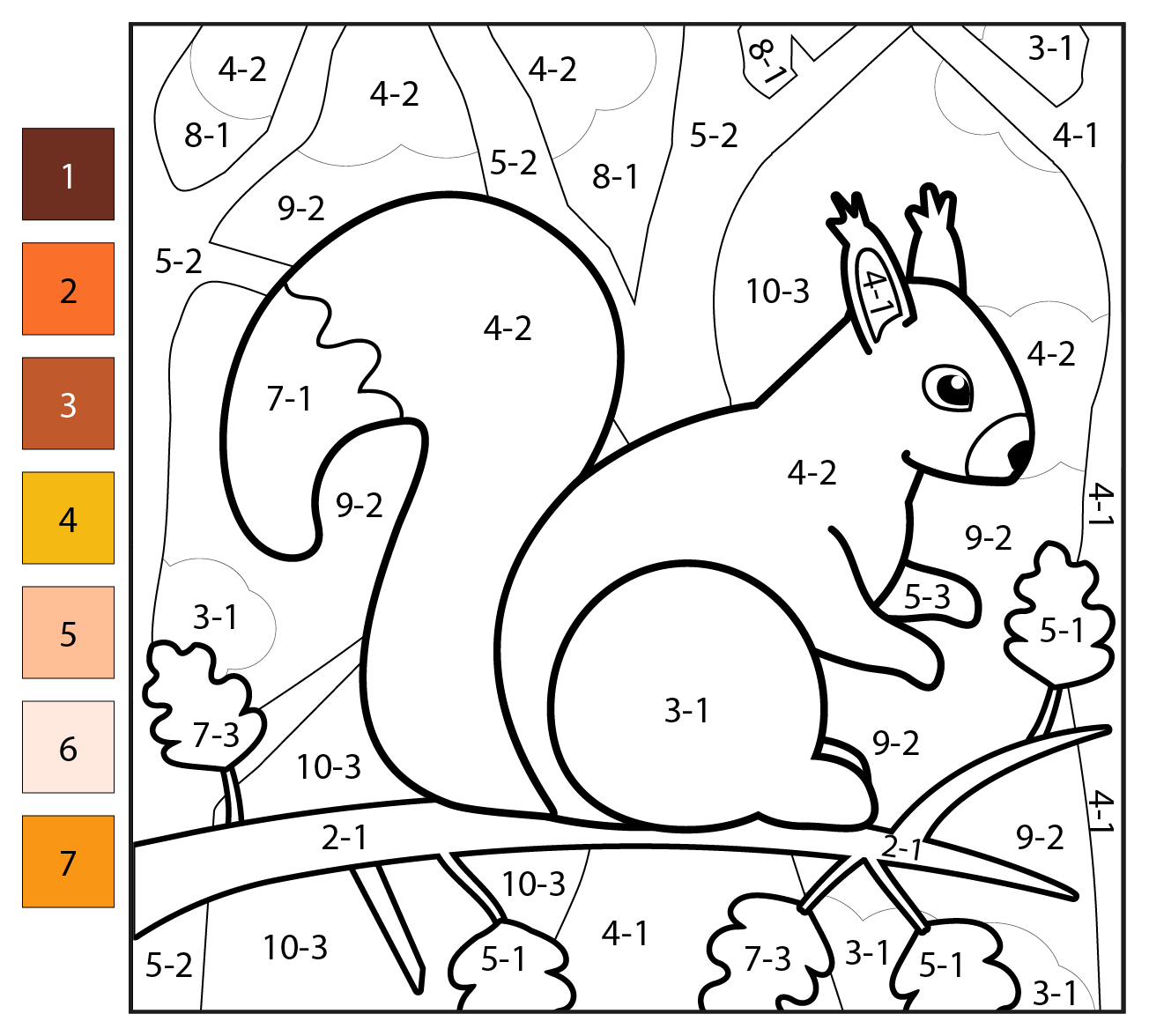 Subtraction Color By Number Squirrel Coloring Page Free Printable