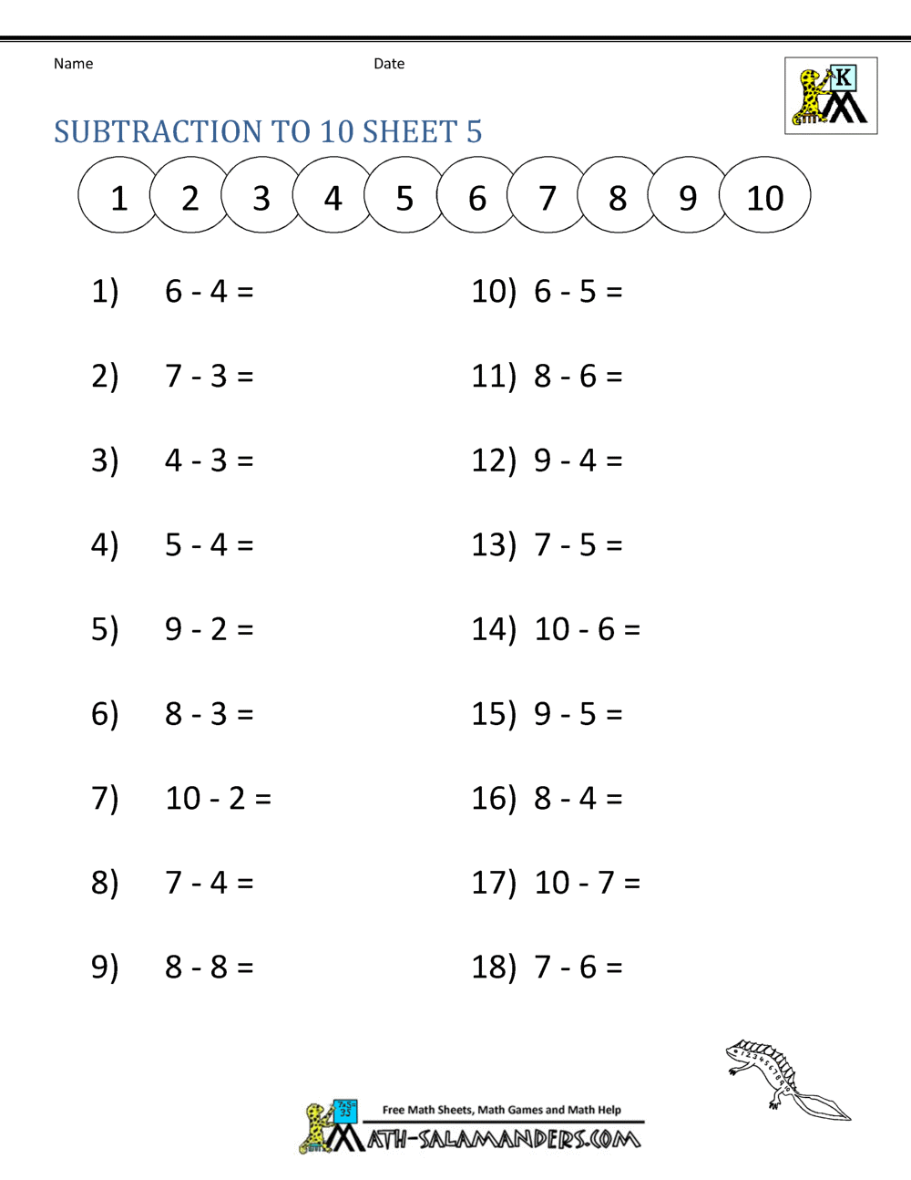 Subtraction To 10 Worksheets Maths Worksheets KS3 KS4 Printable PDF Worksheets