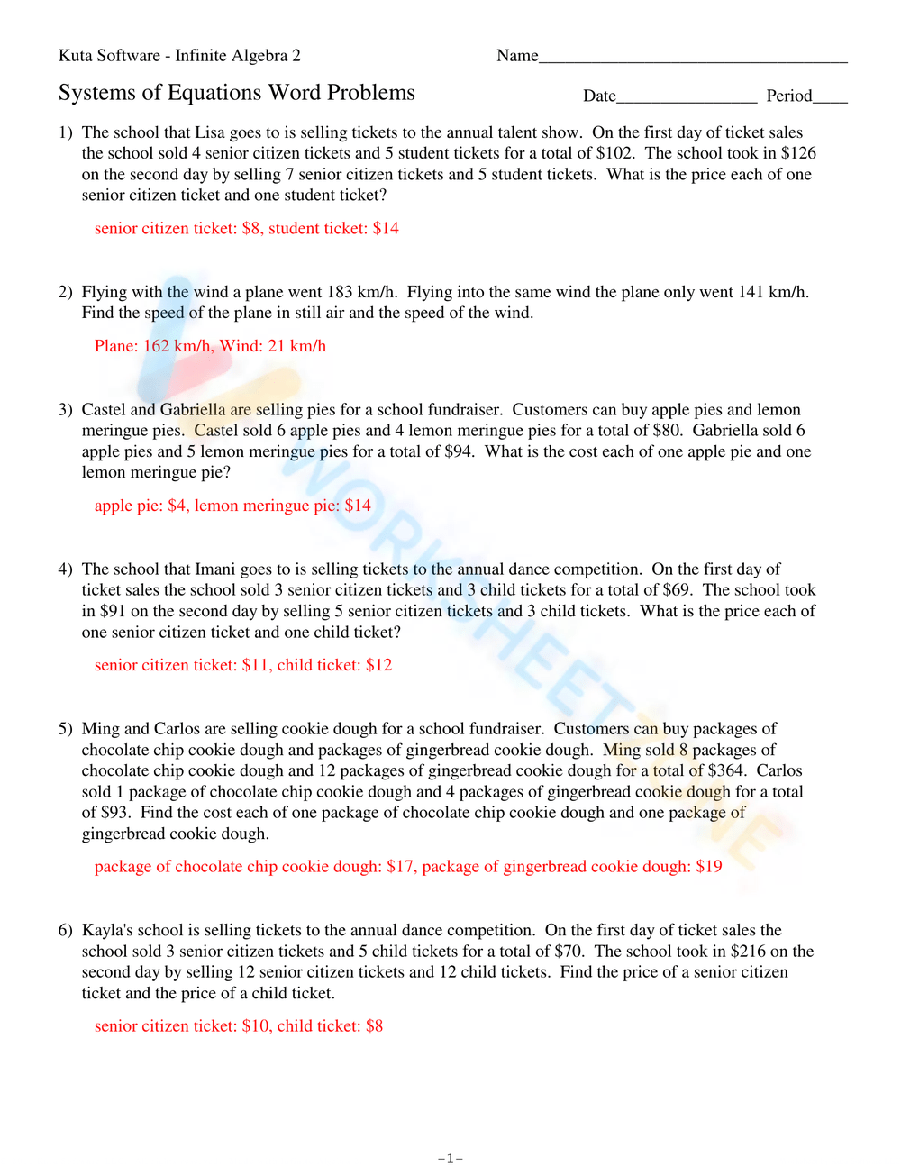 Systems Of Equations Word Problems Worksheets