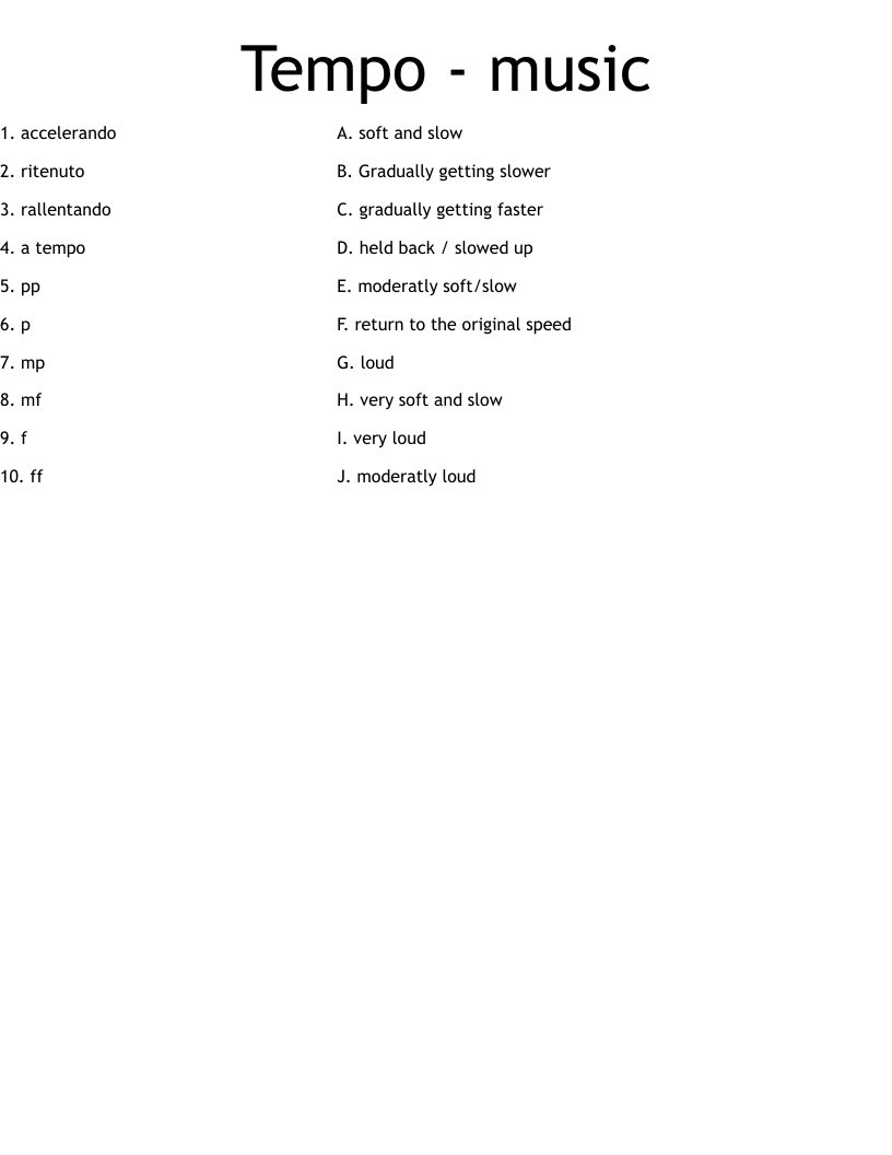 Tempo Music Worksheet WordMint Tempo And Dynamic Markings In Music PDF Worksheet