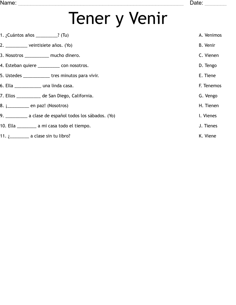 Tener Y Venir Worksheet WordMint