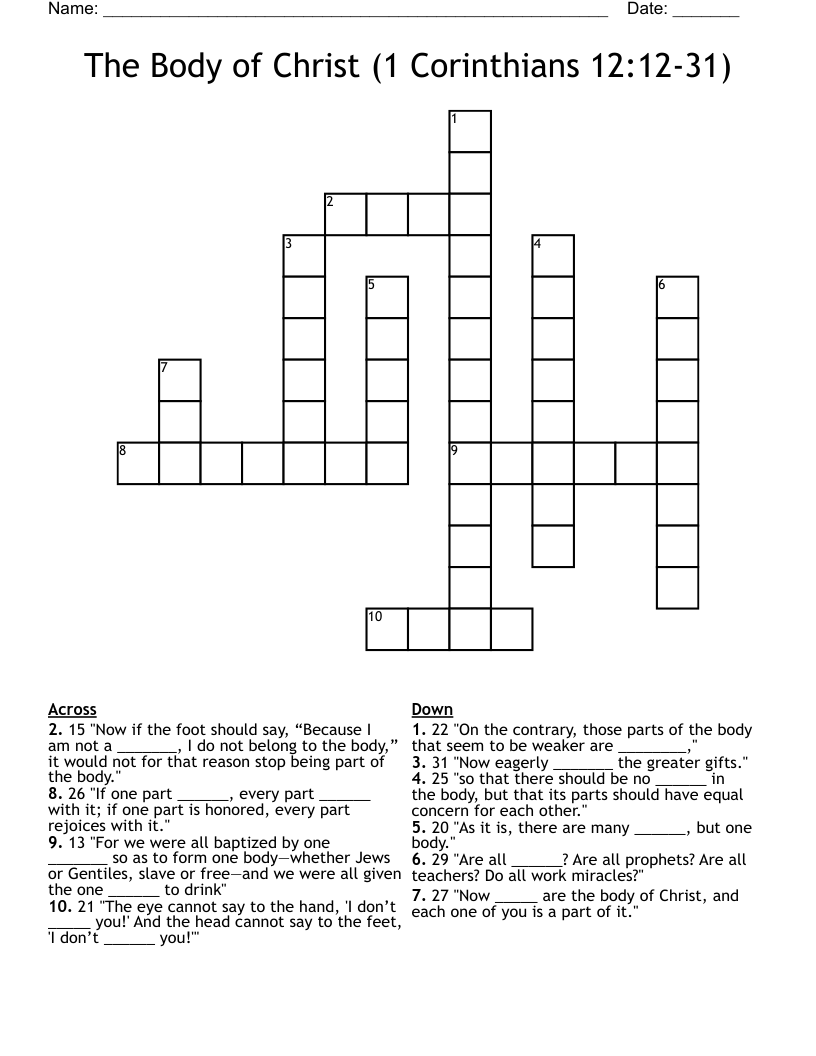The Body Of Christ 1 Corinthians 12 12 31 Crossword WordMint The Body Of Christ 1 Corinthians 12 12 31 Crossword WordMint