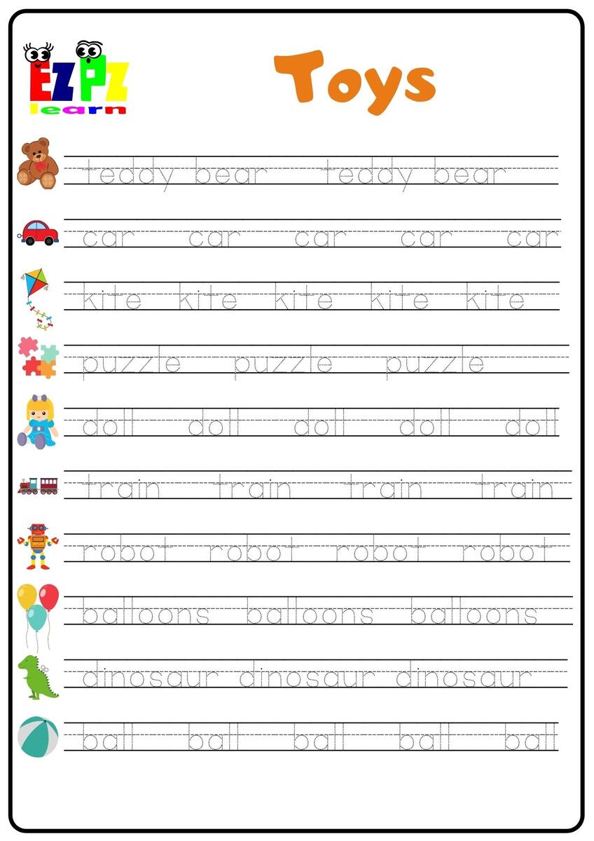 Toys Word Tracing Worksheet Ezpzlearn