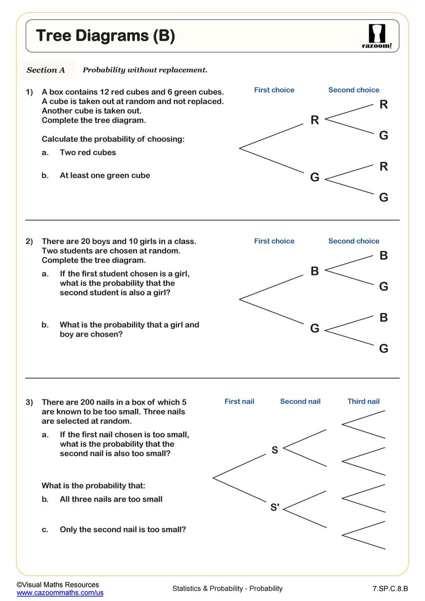 Tree Diagrams B Worksheet PDF Printable Statistics Probability Worksheet Cazoom Math Tree Diagrams B Worksheet PDF Printable Statistics Probability Worksheet Cazoom Math