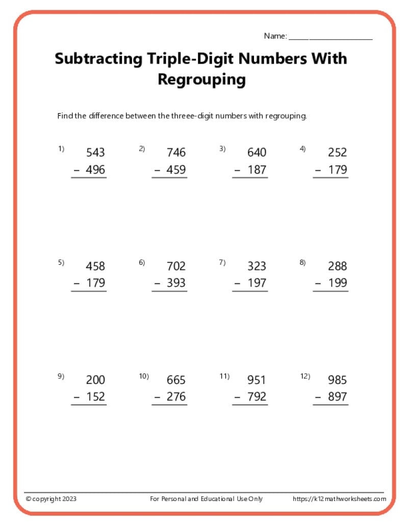 Triple Digit Subtraction With Regrouping Worksheets Triple Digit Subtraction With Regrouping Worksheets