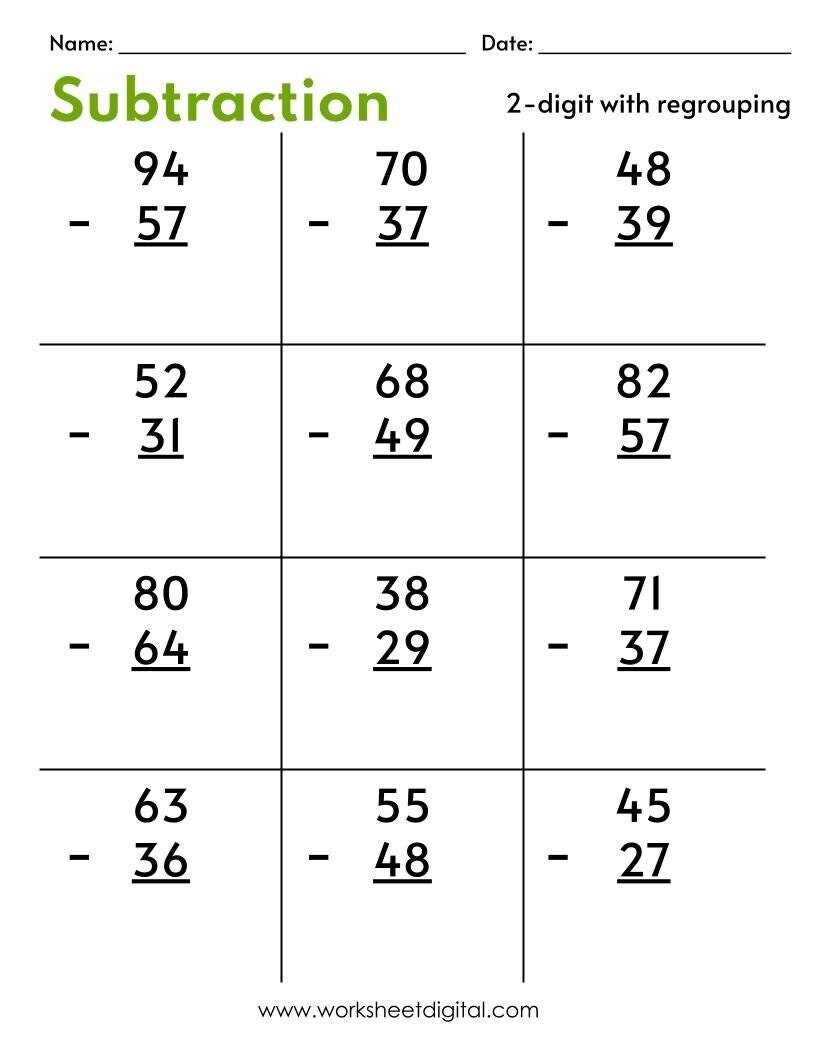 Two Digit Subtraction Worksheets With Regrouping PDF Etsy Two Digit Subtraction Worksheets With Regrouping PDF Etsy