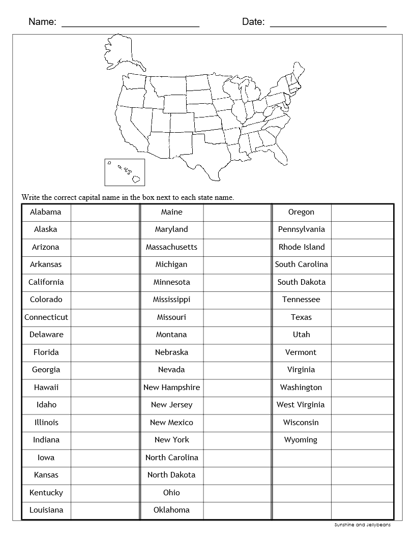 U S States Capitals Worksheets Test Sheets Maps U S Geography Made By Teachers USA Map Worksheets Free Printables Superstar Worksheets