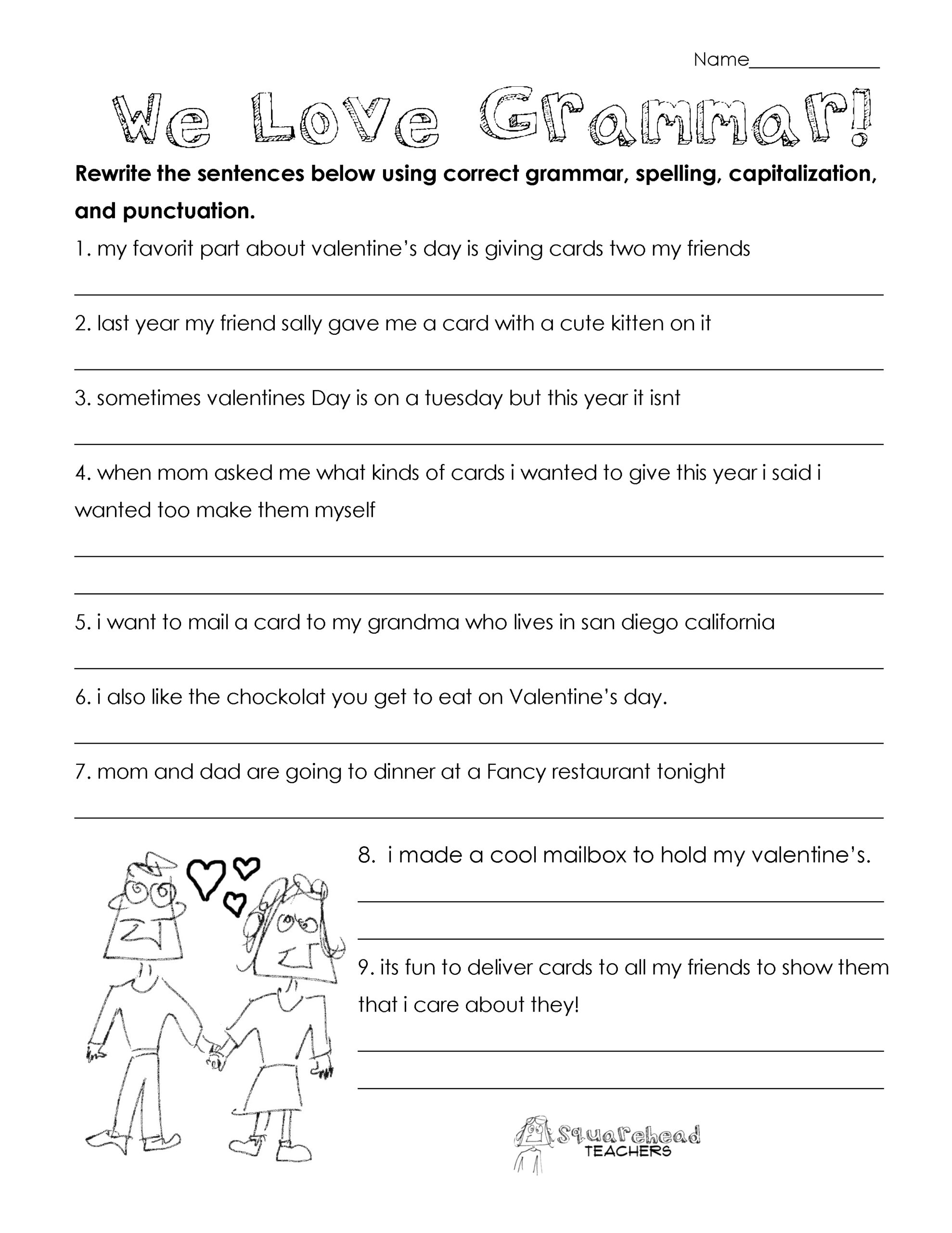 Valentine S Day Grammar Free Worksheet For 3rd Grade And Up Squarehead Teachers
